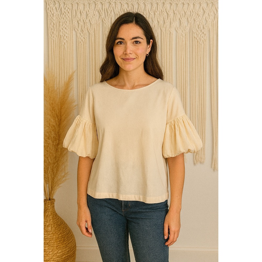 Frye Women's Boat‎ Neck Cream Blouse with Pleated Puff Sleeves XS Office Preppy